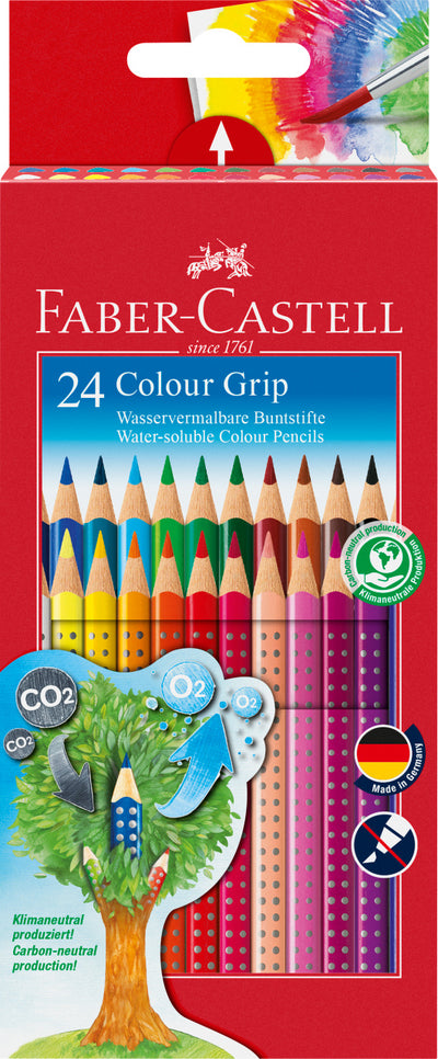 Set de 24 de creioane colorate triunghiulare din gama Grip 2001 de la Faber-Castell, solubile în apă cu efect de acuarelă, zonă anti-alunecare și spațiu pentru nume, fabricate în Germania