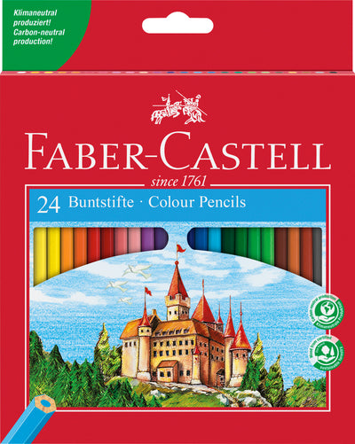 Set de 24 de creioane colorate hexagonale marca Faber-Castell în culori luminoase, realizate din lemn moale de calitate cu vopsea pe bază de apă și tehnologie SV anti-rupere