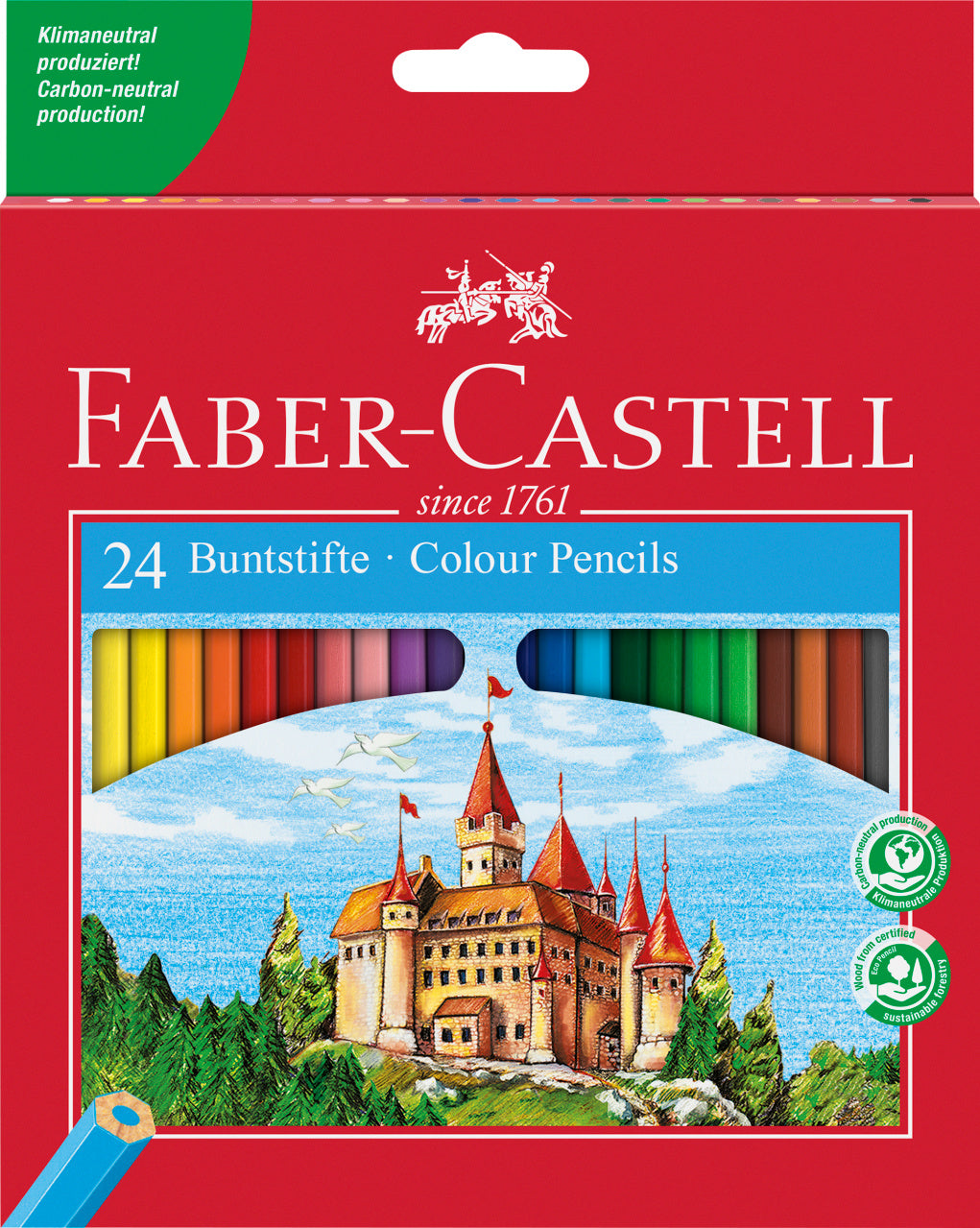 Set de 24 de creioane colorate hexagonale marca Faber-Castell în culori luminoase, realizate din lemn moale de calitate cu vopsea pe bază de apă și tehnologie SV anti-rupere