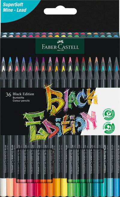 Set extins de 36 de creioane colorate triunghiulare din gama Black Edition de la Faber-Castell, din lemn negru ecologic cu mină super moale pentru așezare netedă pe hârtie albă sau închisă, ambalate în cutie din carton