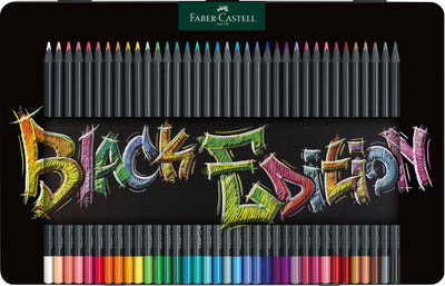 Mega-set premium de 36 de creioane colorate triunghiulare din gama Black Edition de la Faber-Castell, realizate din lemn negru ecologic cu mină super moale, organizate într-o cutie elegantă din metal