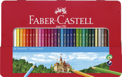 Set extins de 36 de creioane colorate în culori intense marca Faber-Castell, organizate într-o cutie metalică atractivă cu fereastră transparentă de vizualizare și tehnologie SV anti-rupere.