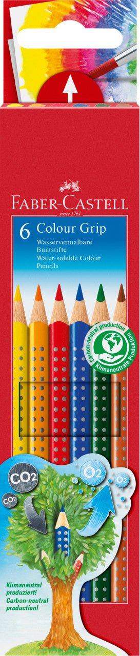 Set compact de 6 creioane colorate triunghiulare din gama Grip 2001 de la Faber-Castell, cu puncte anti-alunecare pentru masaj, spațiu pentru nume și tehnologie SV anti-rupere