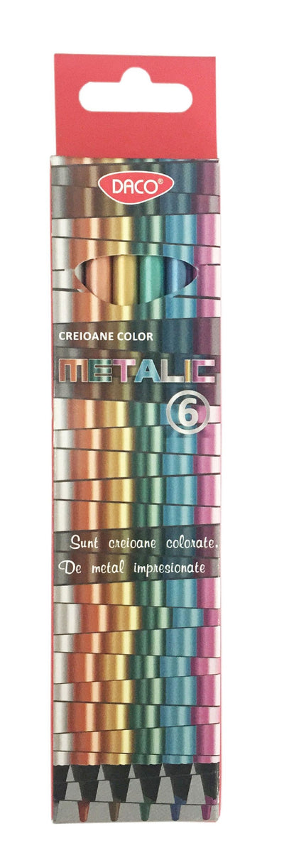 Set creativ de 6 creioane colorate metalice DACO cu corp rotund ergonomic, mină rezistentă de 3 mm și pigmenți strălucitori, realizate fără lemn din pădurile tropicale