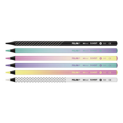 Set modern de 6 creioane colorate Sunset MILAN din lemn de tei vopsit negru, cu mină groasă de 3.5 mm, culori pastelate și sistem LPS de protecție la rupere