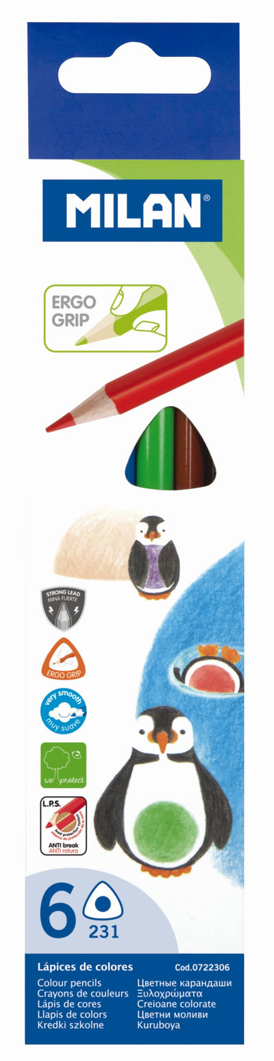 Set practic de 6 creioane colorate triunghiulare MILAN cu corp ergonomic anti-rostogolire, mine rezistente la rupere și culori intense pentru desen și activități școlare