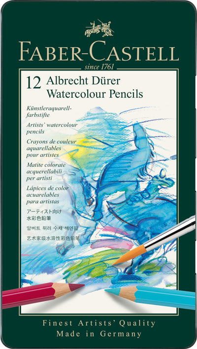 Set profesional de 12 creioane colorate acuarelabile din gama Albrecht Dürer de la Faber-Castell, cu mină groasă de 3.8 mm și pigmenți superiori rezistenți în timp, ambalate în cutie metalică