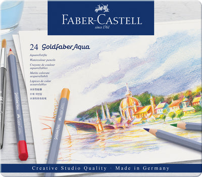 Set de 24 de creioane colorate acuarelabile Goldfaber Aqua de la Faber-Castell, în cutie din metal, cu mină moale de 3.3 mm și protecție SV împotriva ruperii