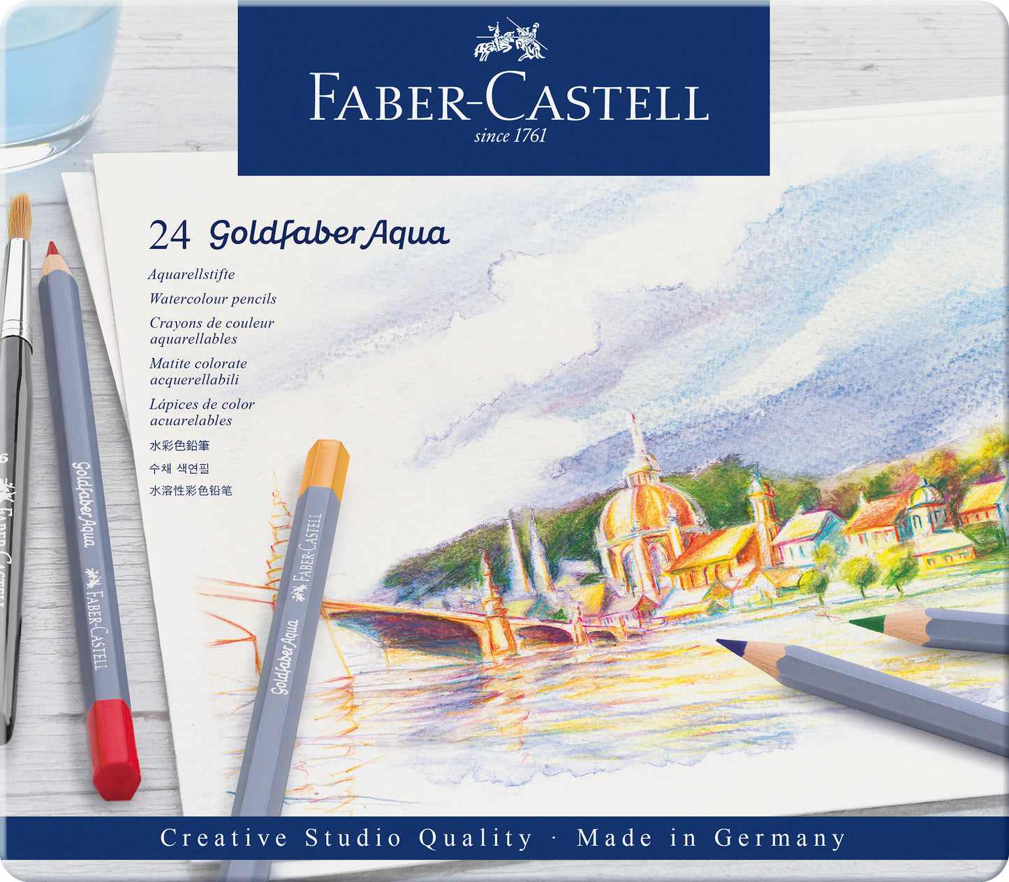 Set de 24 de creioane colorate acuarelabile Goldfaber Aqua de la Faber-Castell, în cutie din metal, cu mină moale de 3.3 mm și protecție SV împotriva ruperii