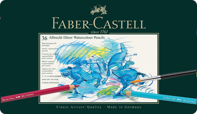Set extins de 36 de creioane colorate acuarelabile din gama profesională Albrecht Dürer de la Faber-Castell, cu mină groasă de 3.8 mm și pigmenți superiori rezistenți în timp, ambalate în cutie metalică