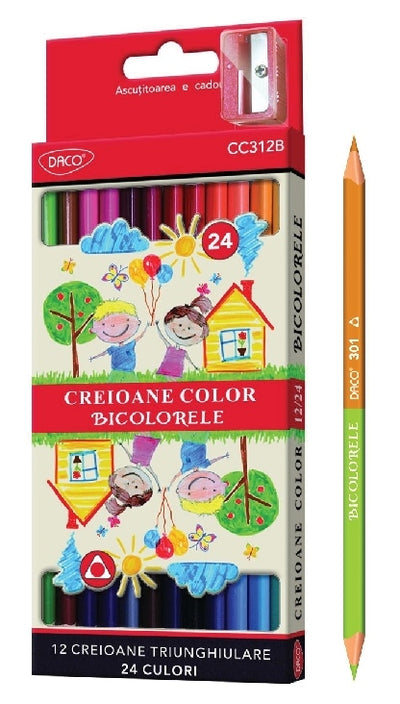 Set practic de 12 creioane colorate bicolore DACO care oferă 24 de culori intense, cu corp triunghiular ergonomic, mină de 3 mm și ascuțitoare inclusă.