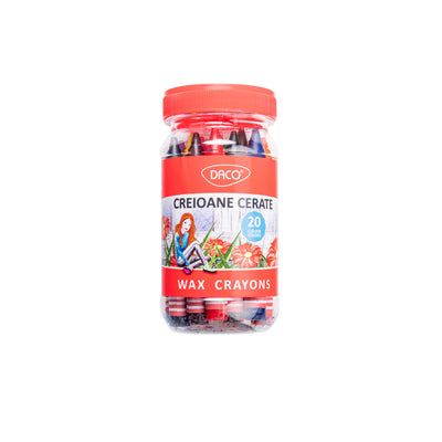 Set de 20 creioane colorate cerate DACO ambalate în borcan de plastic reutilizabil, cu lungime de 10 cm, mină jumbo de 11 mm și formulă curată care nu murdărește mâinile