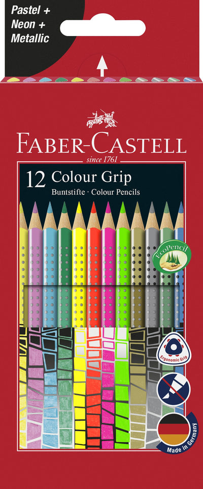 Set de 12 creioane colorate triunghiulare din gama Grip de la Faber-Castell, oferind un mix de culori neon, pastel și metalizate, cu puncte anti-alunecare și spațiu pentru nume