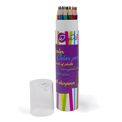 Set de 18 creioane colorate mari hexagonale de la Willgo, cu lungimea de 17.5 cm și vârf ascuțit, ambalate în tub rotund de carton cu ascuțitoare integrată în capac