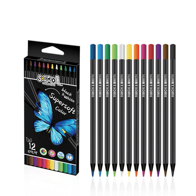 Set de 12 creioane colorate Super Soft marca S-COOL, cu corp rotund din lemn negru și capete colorate, oferind culori vibrante și pigmentate, ambalate în cutie neagră din carton