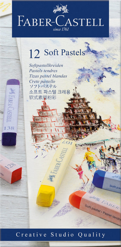 Set de 12 culori pentru desen neted din gama de pasteluri soft Faber-Castell, ambalate în cutie de carton, ideale pentru tehnici de estompare și blending.