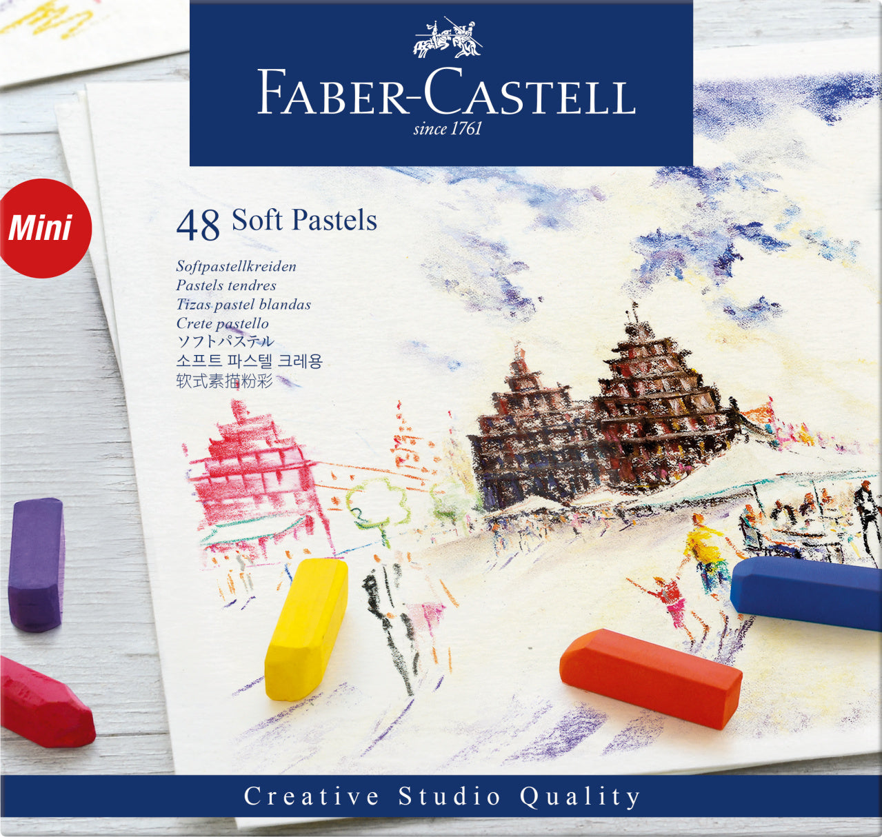 Set extins de 48 de culori din gama de pasteluri soft Mini de la Faber-Castell, cu lungime redusă la jumătate din standard, ideale pentru desen neted și tehnici de estompare pentru începători.