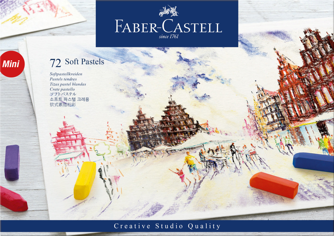 Set suprem de 72 de culori din gama de pasteluri soft Mini de la Faber-Castell, cu lungime redusă la jumătate din standard, ideale pentru desen neted și tehnici de estompare pentru începători