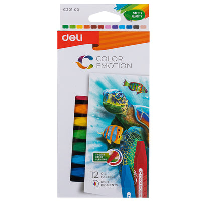 Set de 12 creioane ulei pastel din gama Deli Color Emotion, fabricate din parafină de înaltă calitate, lavabile și non-toxice, cu manșon protector pentru o utilizare curată