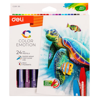 Set extins de 24 de creioane ulei pastel din gama Deli Color Emotion, fabricate din parafină de înaltă calitate, lavabile și non-toxice, cu ambalaj protector pentru degete curate