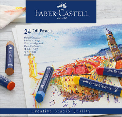 Set de 24 de creioane ulei pastel de la Faber-Castell, cu luminozitate ridicată și pigmenți intenși, potrivite pentru estompare cu degetul sau amestecare cu pensula și terebentină.