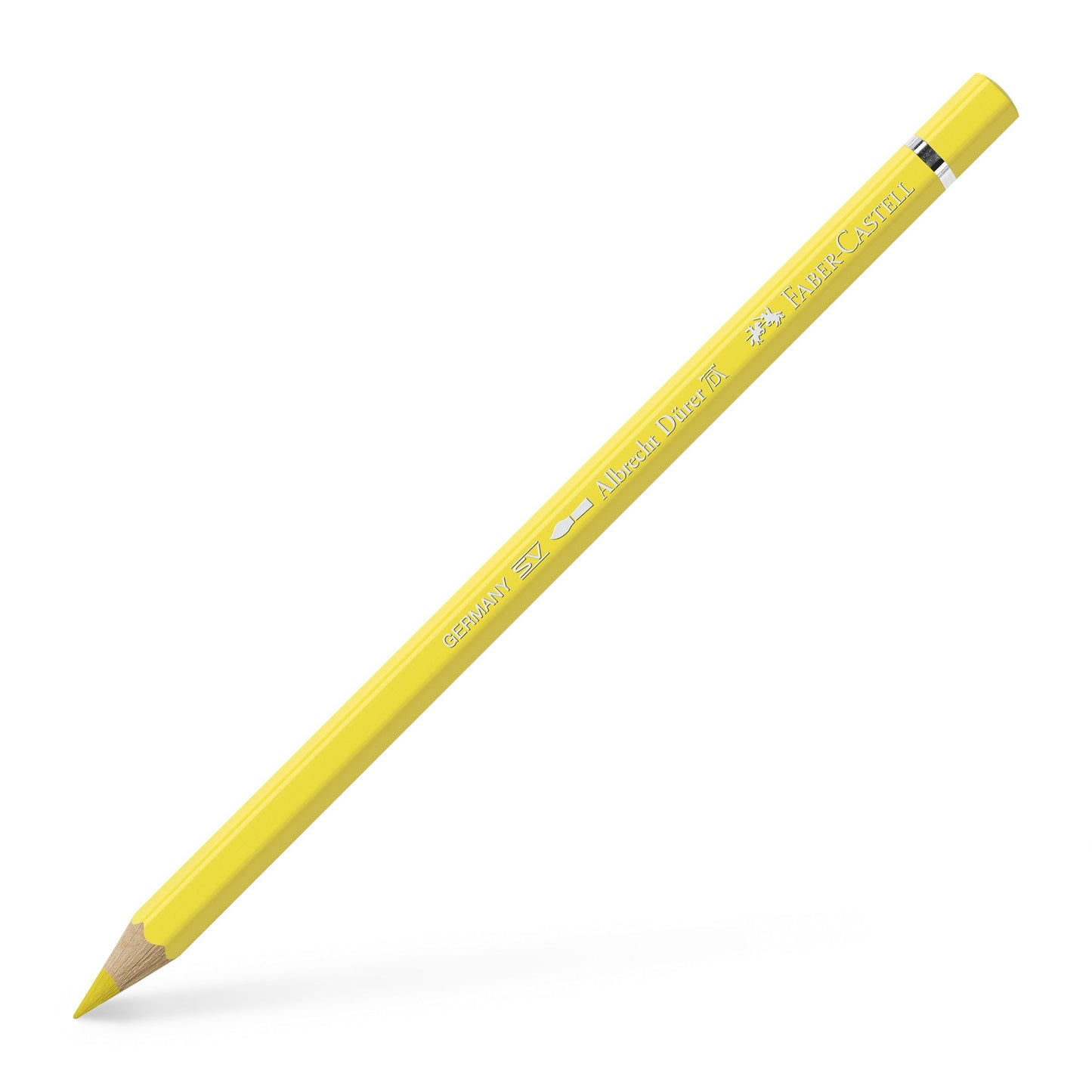 Creion colorat acuarelabil profesional Albrecht Dürer Faber-Castell în nuanța luminoasă Galben Cadmiu Deschis 104, cu mină groasă de 3.8 mm și pigmenți superiori perfect solubili în apă