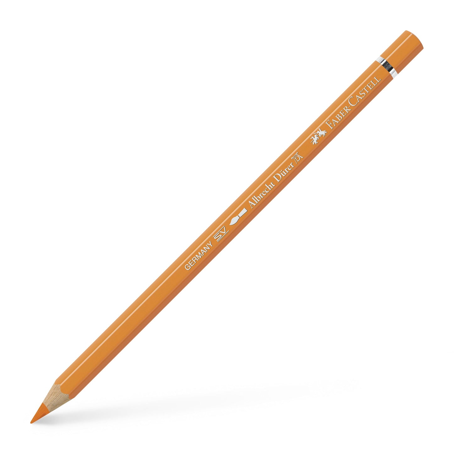 Creion colorat acuarelabil profesional Albrecht Dürer Faber-Castell în nuanța vibrantă Oranj Cadmiu 111, cu mină groasă de 3.8 mm și pigmenți superiori perfect solubili în apă