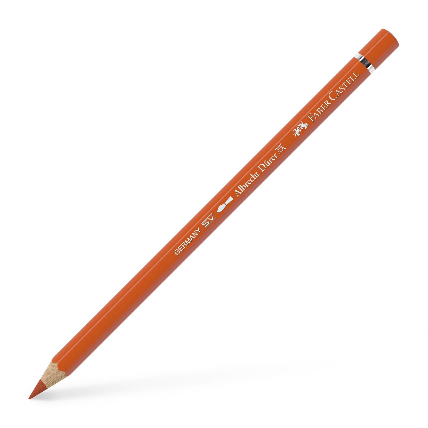 Creion colorat acuarelabil profesional Albrecht Dürer Faber-Castell în nuanța intensă Oranj Cadmiu Închis 115, cu mină groasă de 3.8 mm și pigmenți superiori perfect solubili în apă