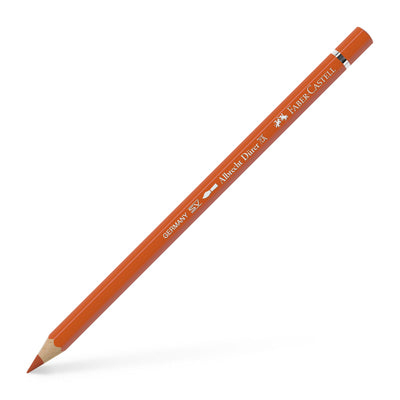 Creion colorat acuarelabil profesional Albrecht Dürer Faber-Castell în nuanța intensă Oranj Cadmiu Închis 115, cu mină groasă de 3.8 mm și pigmenți superiori perfect solubili în apă