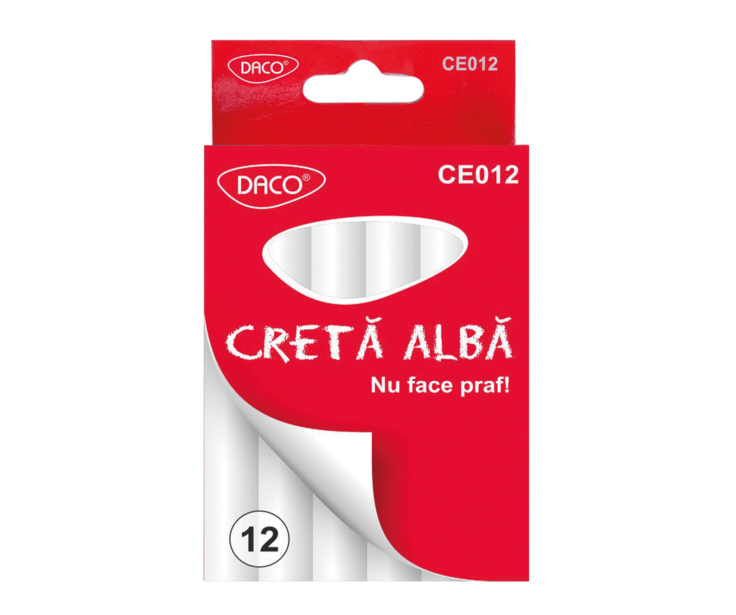 Set 12 bucăți cretă albă rotundă Daco anti-praf, ideală pentru tablă.