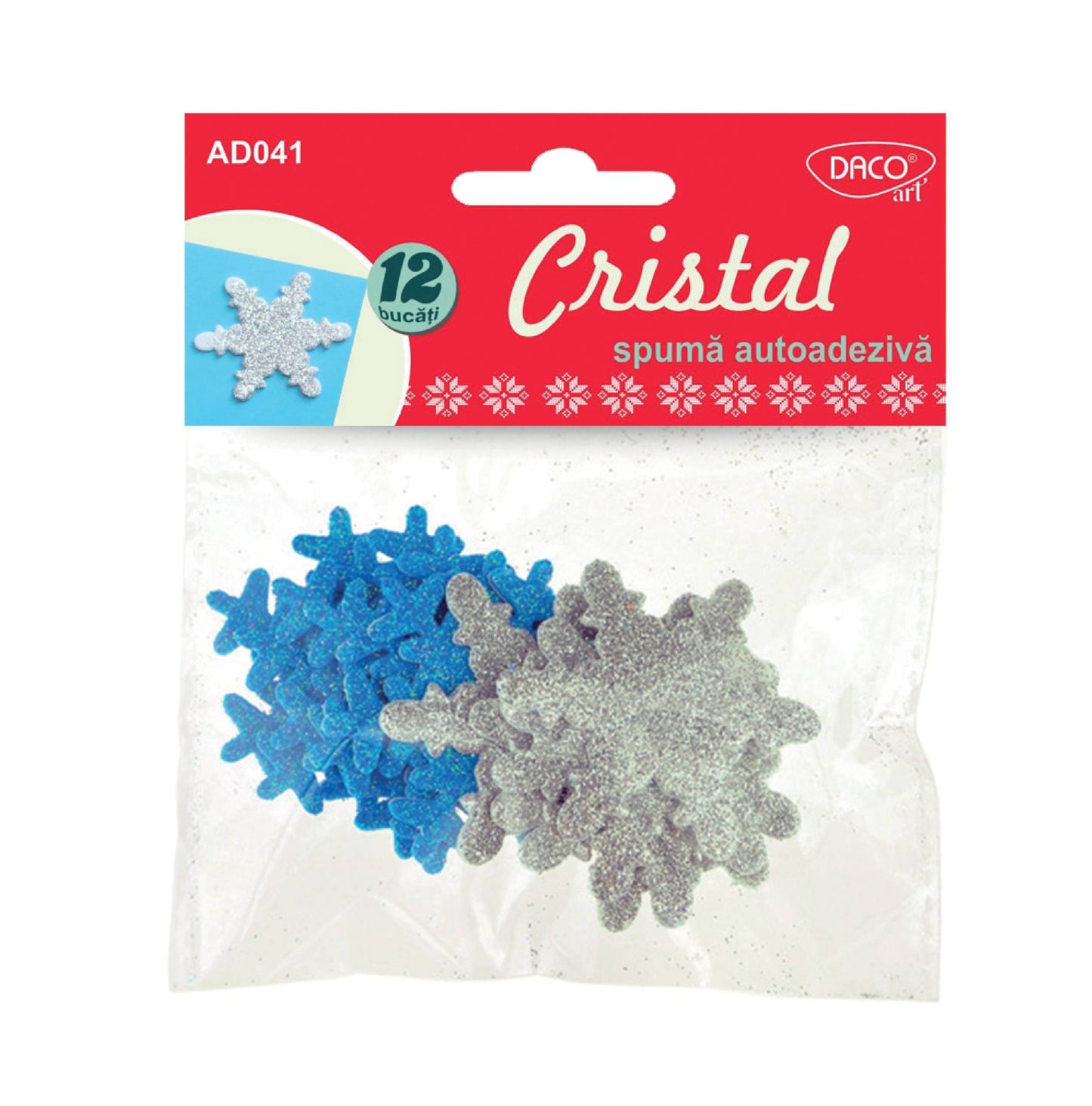 Set de 12 cristale decorative din spumă cu glitter autoadeziv, brand DACO, mix de dimensiuni pentru proiecte creative și decor handmade