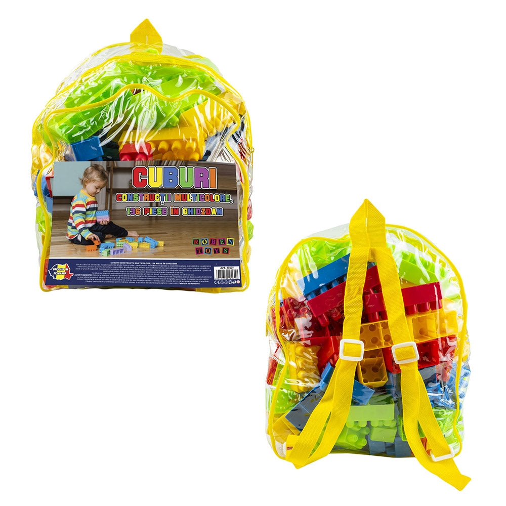 Cuburi Constructii, Multicolore, 136 Piese/Ghiozdan - Robentoys