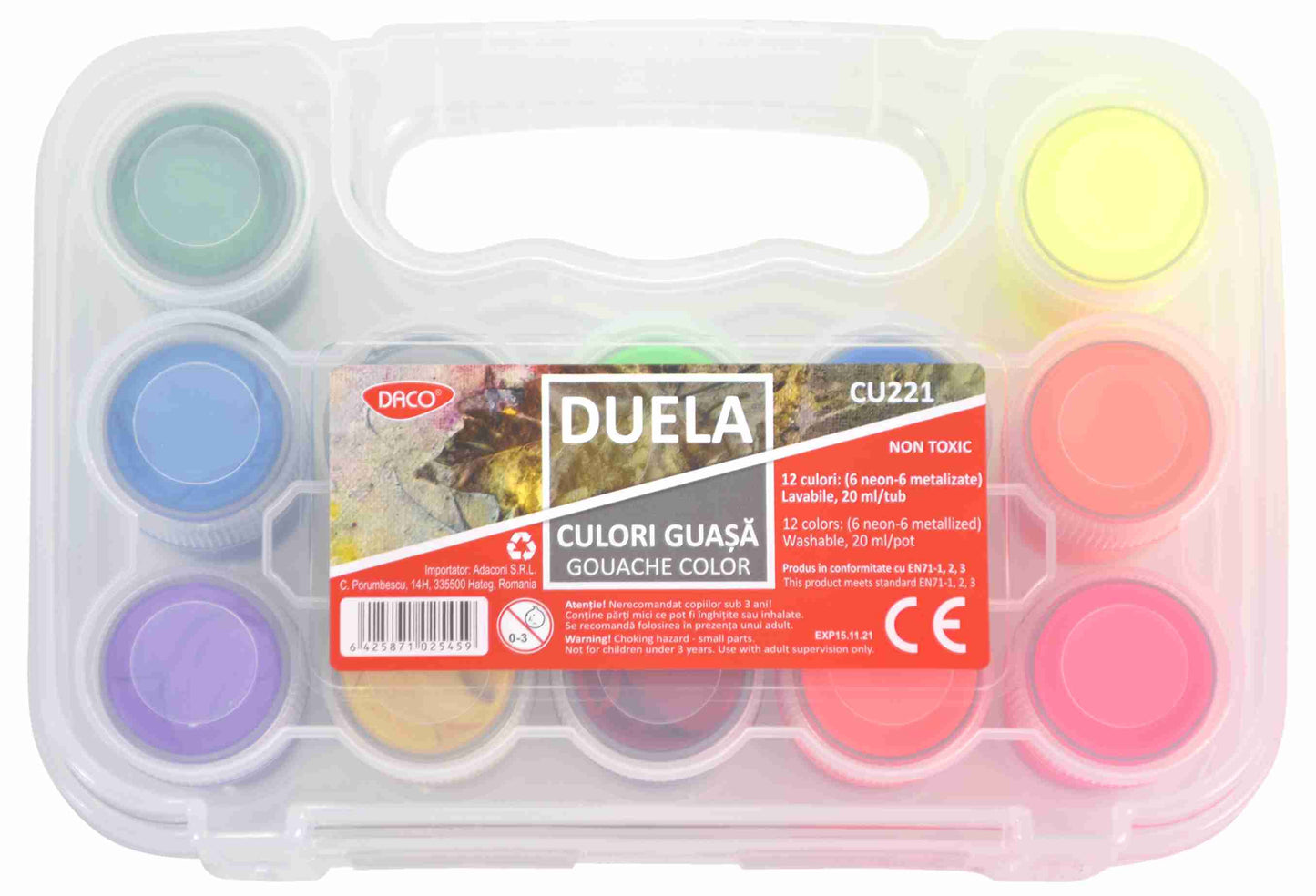 Set culori guasa DACO Duela CU221 cu 6 nuanțe neon și 6 metalizate borcănele 20 ml lavabile și non-toxice pentru copii