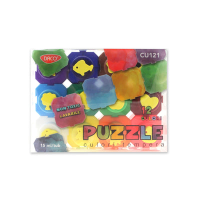 Set 12 culori tempera DACO Puzzle tuburi 15 ml cu capace stampila din spuma lavabile si non-toxice pentru activitati creative copii