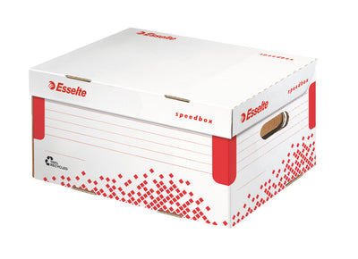Cutie de arhivare cu capac Esselte Speedbox A4, din carton ondulat alb, ideală pentru documente A4 și accesorii de birou, certificată FSC.