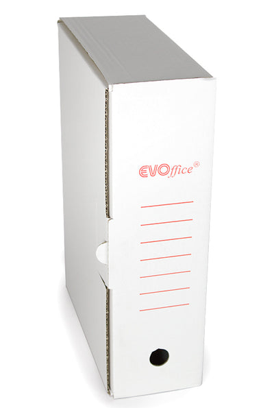 Cutie de arhivare albă EVOffice din carton ondulat, dimensiuni 350x250x100 mm, certificată FSC, ideală pentru organizarea și depozitarea compactă a documentelor de birou