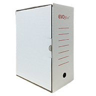Cutie de arhivare albă EVOffice din carton ondulat, dimensiuni 350x250x150 mm, cu certificat FSC, ideală pentru organizarea și depozitarea documentelor de birou.
