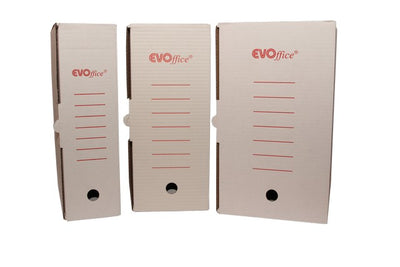 Cutie de arhivare EVOffice din carton ondulat alb, dimensiuni 350x250x200 mm, certificată FSC, ideală pentru depozitarea sigură a documentelor și dosarelor de birou.