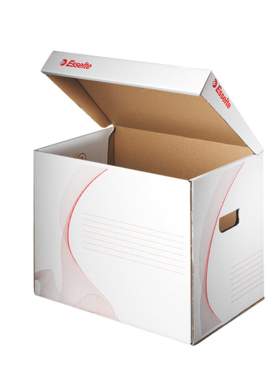 Cutie de depozitare universală cu capac Esselte, din carton alb reciclat, ideală pentru transportul documentelor și accesoriilor de birou, certificată FSC.