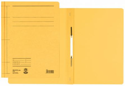 Dosar cu șină metalică Leitz, format A4, culoare galbenă, din carton 100% reciclat certificat Blue Angel, ideal pentru arhivarea a 250 de coli