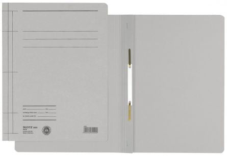Dosar cu șină metalică Leitz, format A4, culoare gri, din carton 100% reciclat certificat Blue Angel, ideal pentru arhivarea a 250 de coli.