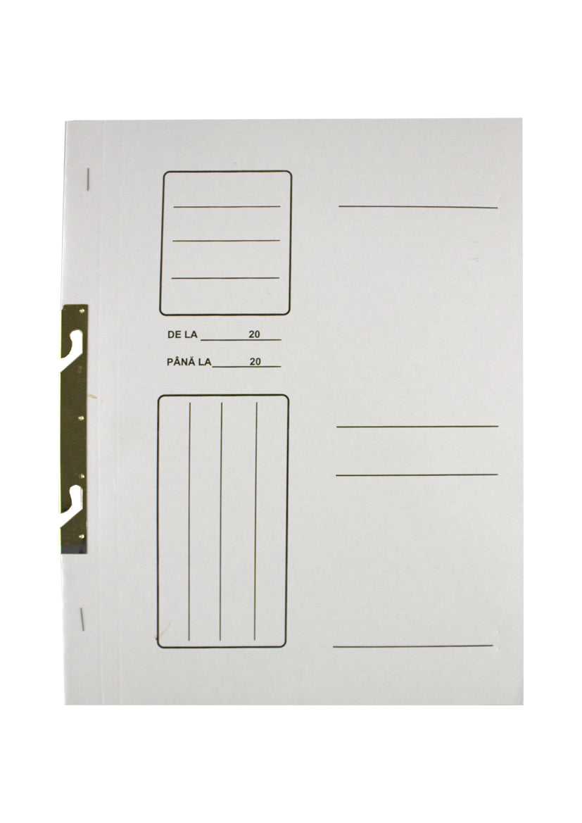 Dosar încopciat din carton alb Evoffice, format A4, cu șină metalică, ideal pentru arhivarea documentelor în bibliorafturi