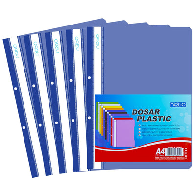 Dosar din plastic albastru închis Nebo format A4, cu șină metalică și copertă frontală transparentă, soluția ideală pentru arhivarea documentelor la birou