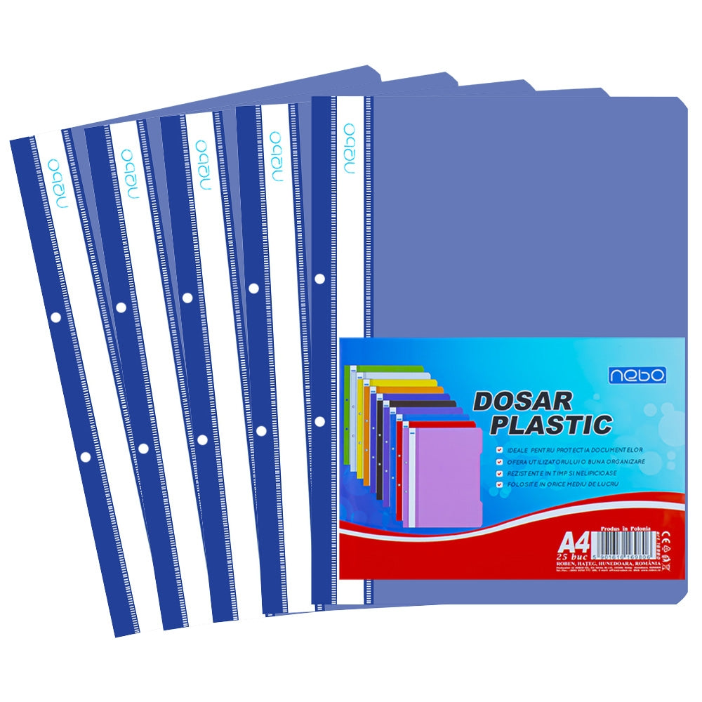 Dosar din plastic albastru închis Nebo format A4, cu șină metalică și copertă frontală transparentă, soluția ideală pentru arhivarea documentelor la birou