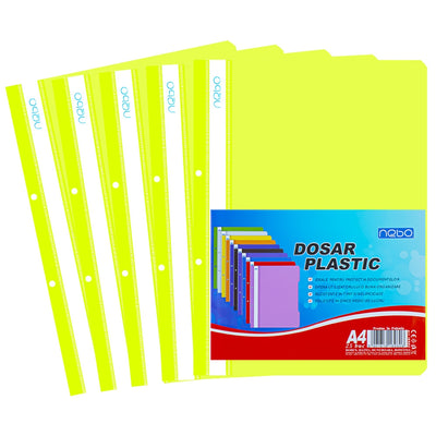 Dosar din plastic galben Nebo format A4, cu șină metalică și copertă frontală transparentă, ideal pentru sortarea vizuală a documentelor la birou.