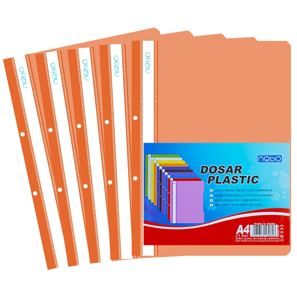Dosar din plastic portocaliu Nebo format A4, cu șină metalică și copertă frontală transparentă, ideal pentru sortarea vizuală a documentelor și arhivarea activă.
