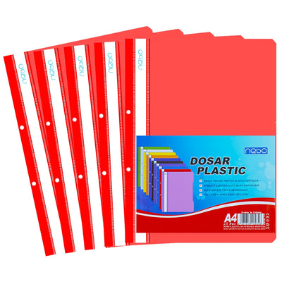 Dosar din plastic roșu Nebo format A4, cu șină metalică și copertă frontală transparentă, ideal pentru evidențierea documentelor prioritare la birou