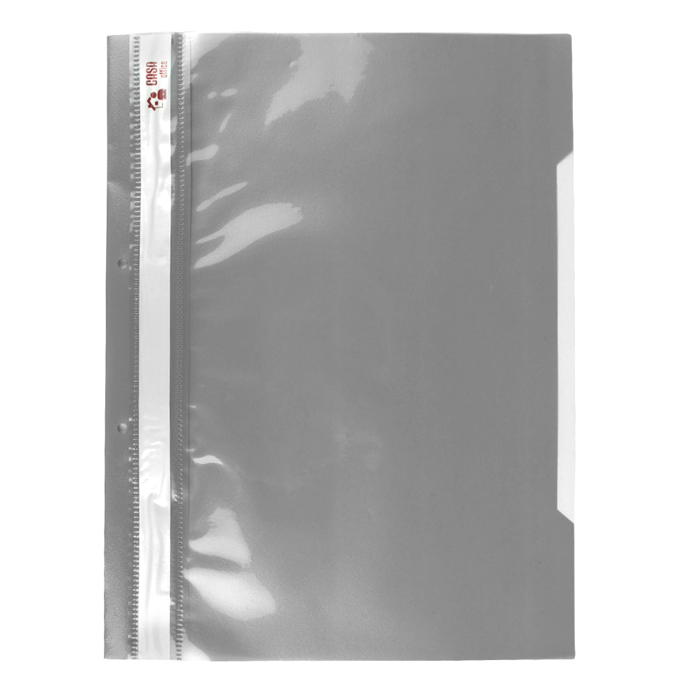 Dosar din plastic gri Evoffice cu șină și 2 perforații, format A4, cu copertă față transparentă pentru identificare rapidă și aspect profesional.