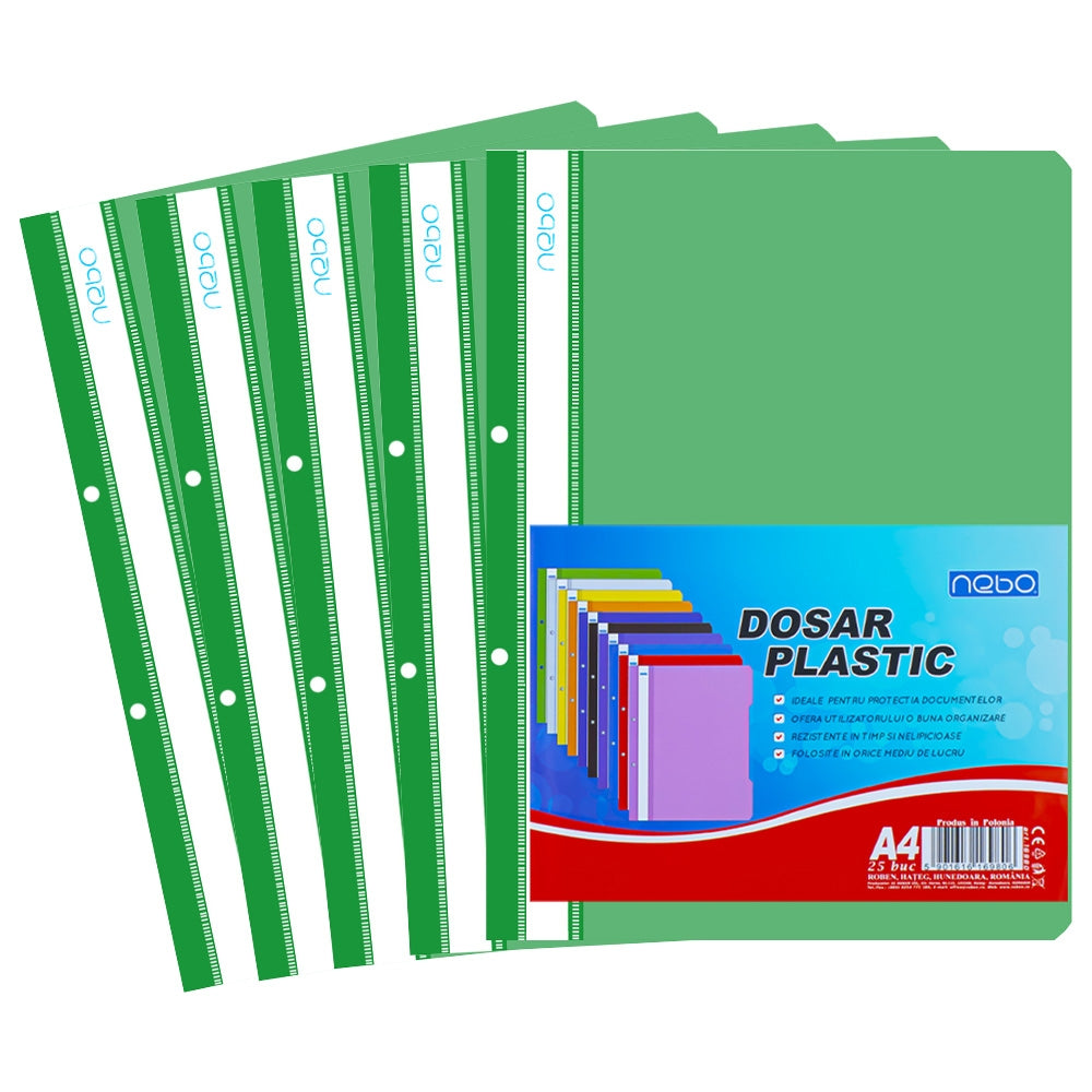 Dosar din plastic verde Nebo format A4, cu șină metalică și copertă frontală transparentă, ideal pentru organizarea vizuală și protecția documentelor.