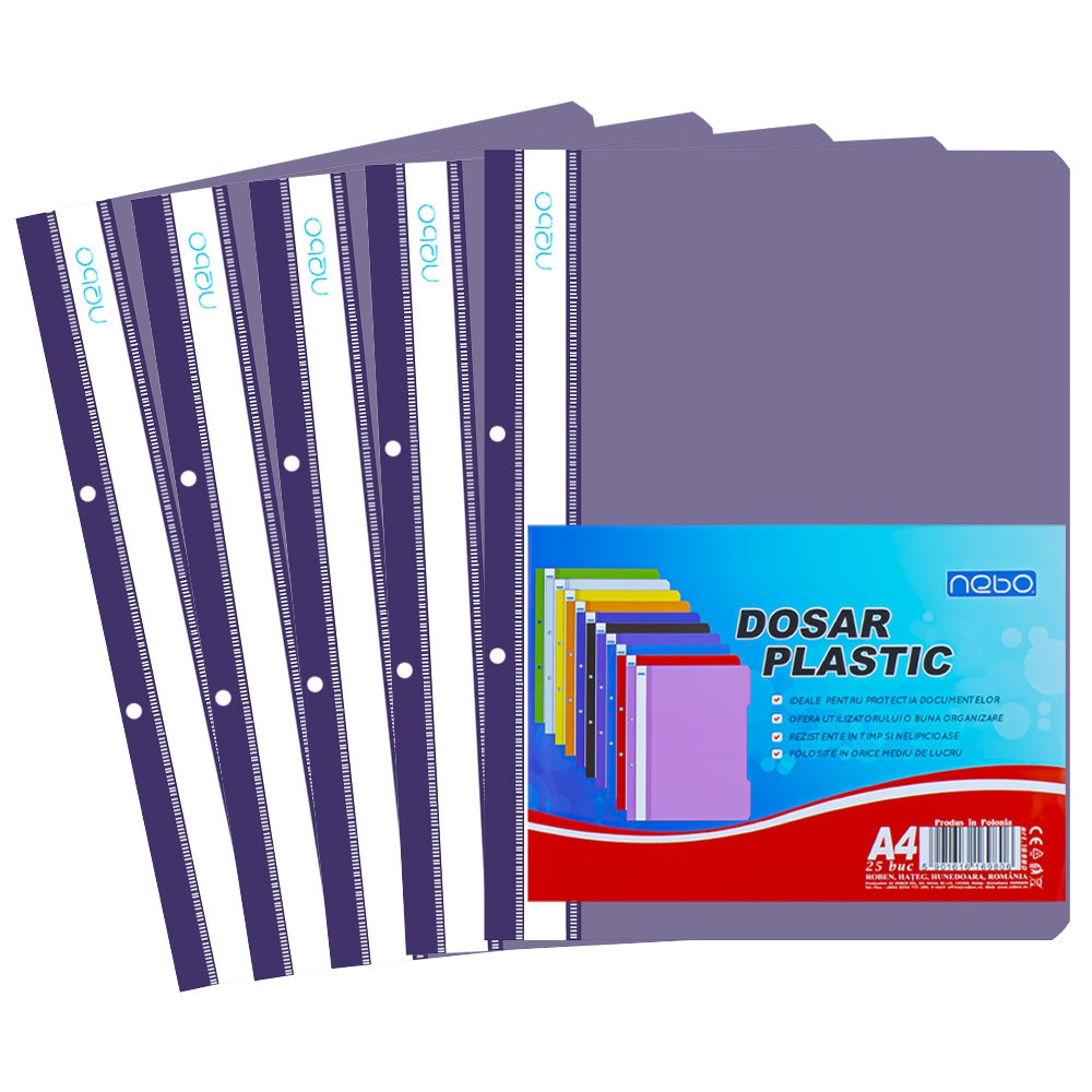 Dosar din plastic violet Nebo format A4, cu șină metalică și copertă frontală transparentă, ideal pentru organizarea elegantă și protecția documentelor